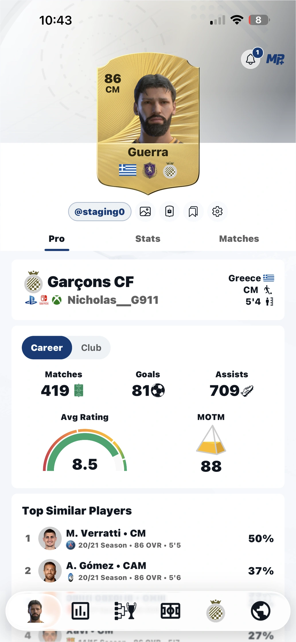MyPlayer+ app showing Guerra’s Pro card and career statistics